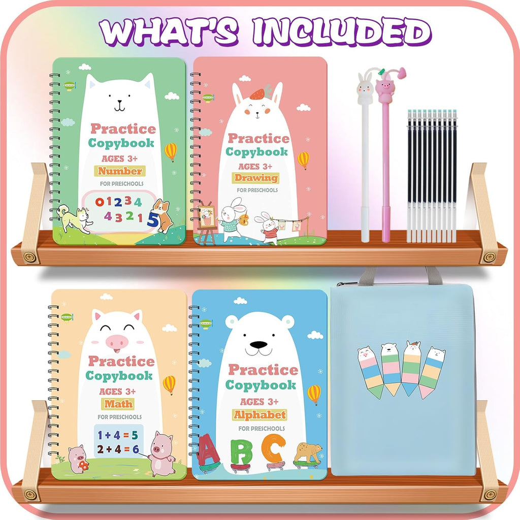 Upgraded Large Size Magic Practice Writing Copybook, Reusable for Kids, Reusable Copybook Preschool for Kids Age 3-8 Calligraphy(4 Books with Pens)-Blue Bag