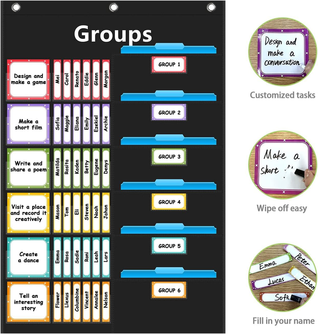 REGELETO Small Group Management Pocket Chart with 96 Cards Classroom Jobs Chart Small Group Organizer and on Task for School Teacher Homeschool Learning Supplies (Black)
