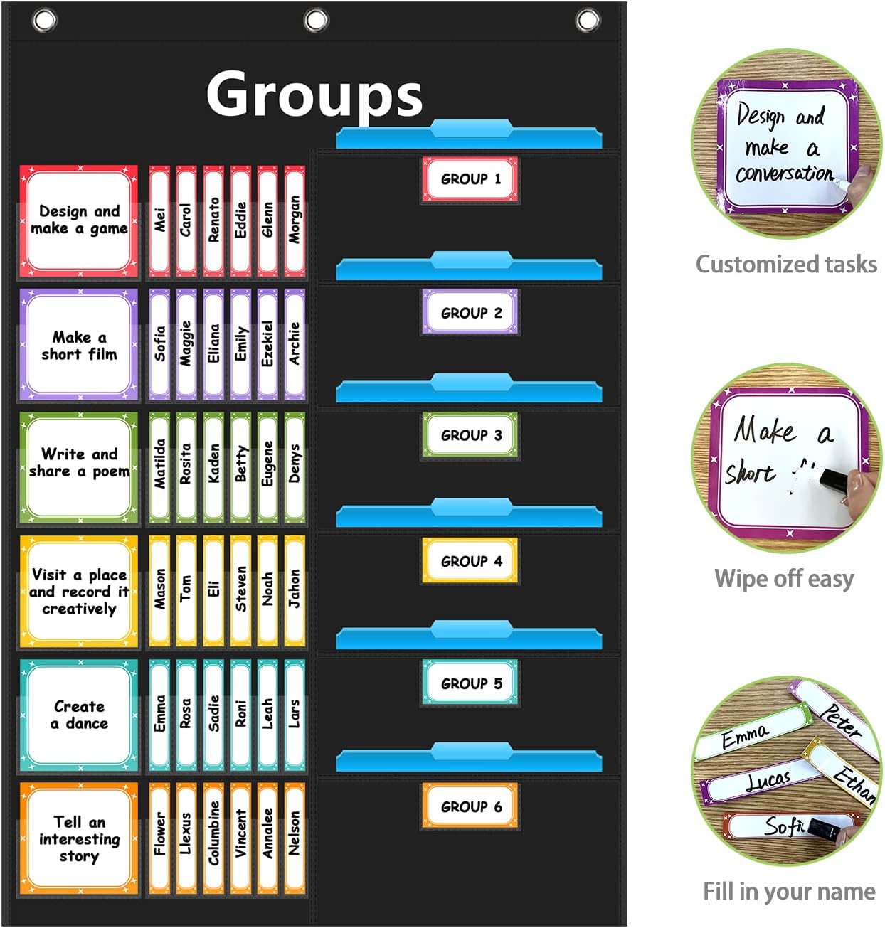 REGELETO Small Group Management Pocket Chart with 96 Cards Classroom Jobs Chart Small Group Organizer and on Task for School Teacher Homeschool Learning Supplies (Black)