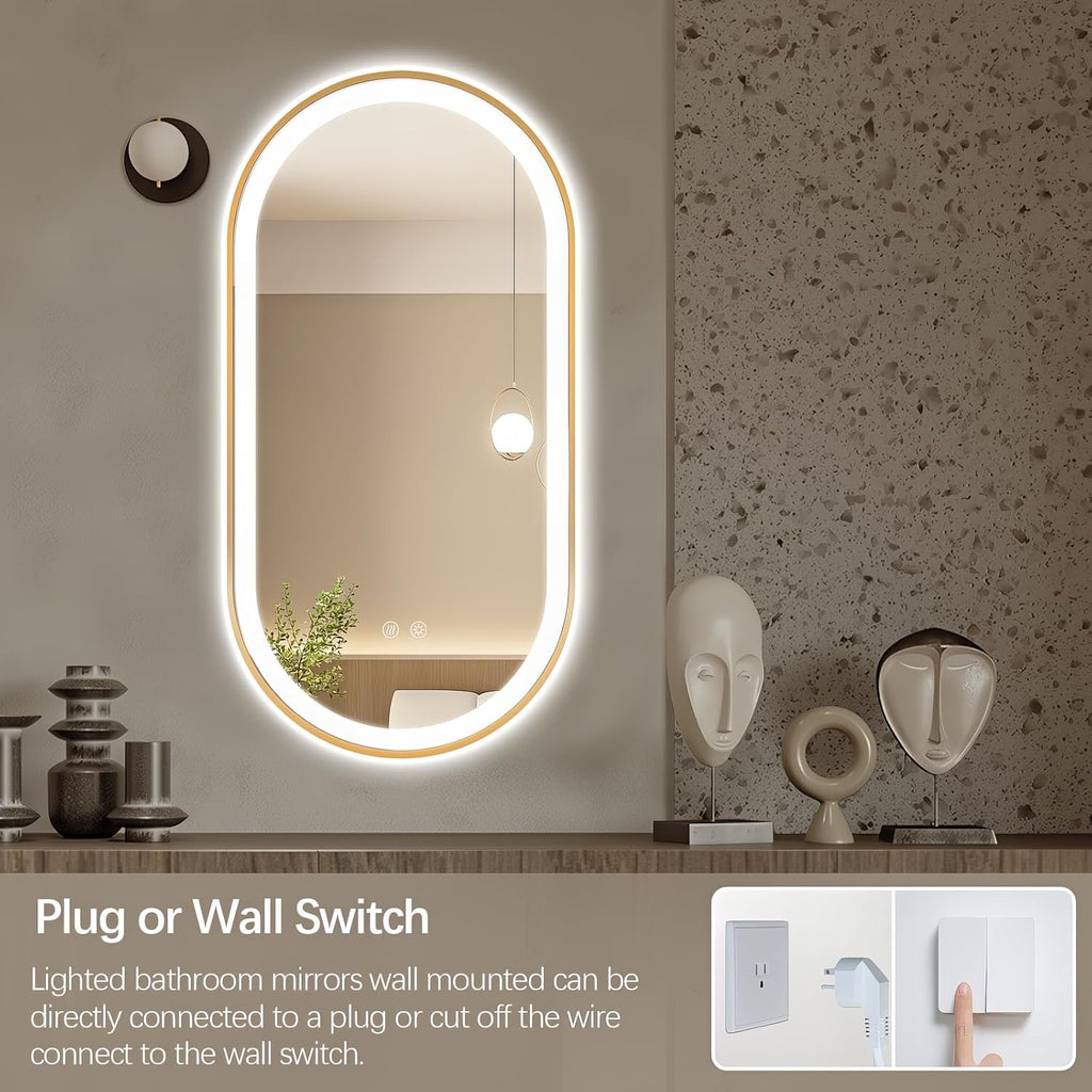 Niccy Oval LED Mirror for Bathroom, 48x24 Front Lit + Backlit Vanity Mirror with Light Anti-Fog, Shatter-Proof, 3 Colors, Makeup Mirrors with Gold Frame (Horizontal/Vertical)