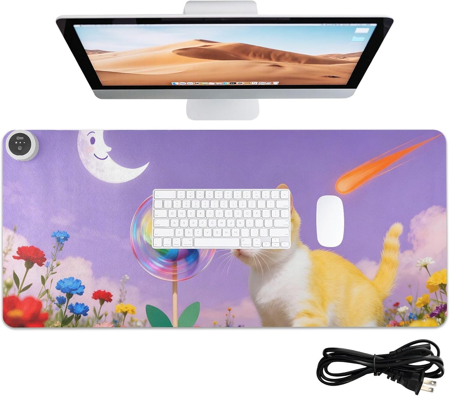 Large Heated Mouse Pad,Leather Desk Mat,31.5"x13",Hand Warmer Pads for Desk,Cat(Purple Yellow)