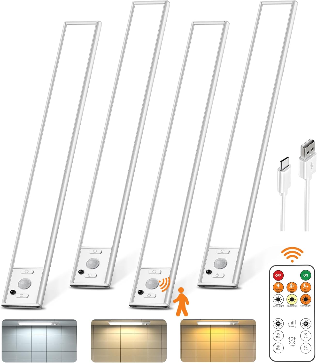 Under Cabinet Lighting with Remote Control,USB Rechargeable 180 Lumen LED Motion Sensor Light Indoor,Wireless Under Counter Light,3 Color Dimmable Closet Light for Bedroom,Wardrobe,Stairs,4 Pack
