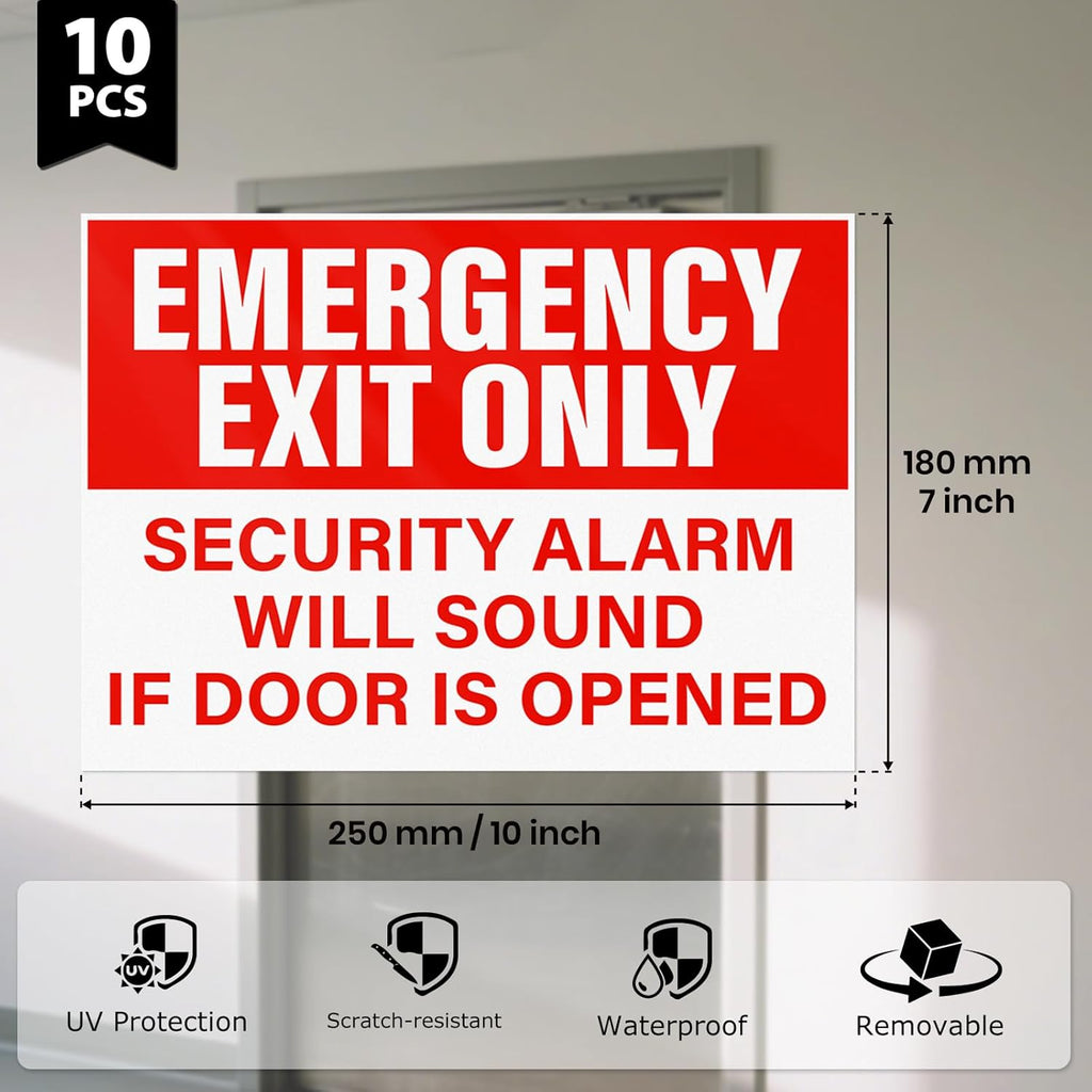 10 Pack Emergency Exit Only Security Alarm Will Sound If Door Is Opened Stickers 10 × 7 Inches Vinyl Self Adhesive Waterproof Safety Signs for Workplace Warehouse Office