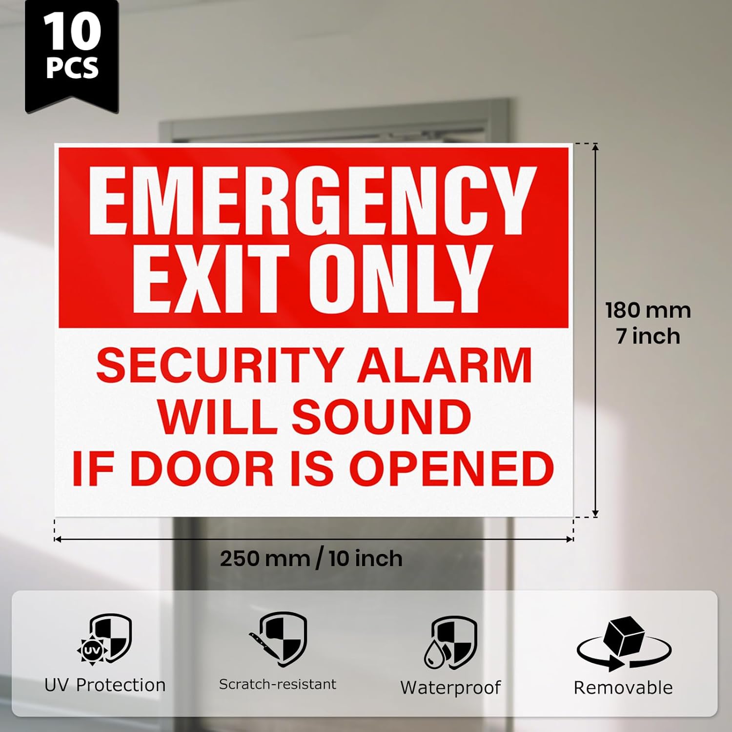 10 Pack Emergency Exit Only Security Alarm Will Sound If Door Is Opened Stickers 10 × 7 Inches Vinyl Self Adhesive Waterproof Safety Signs for Workplace Warehouse Office