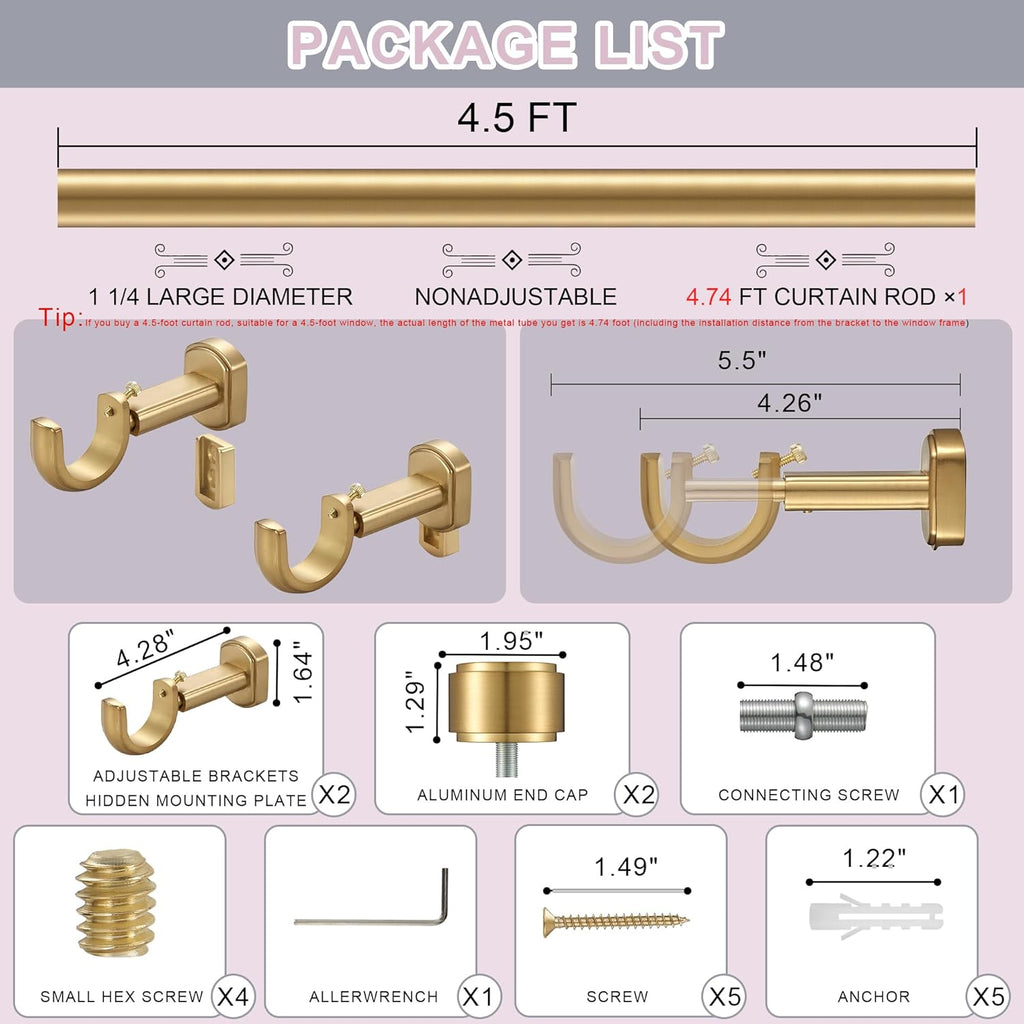 Heavy Duty Curtain Rods,1 1/4" Large Diameter Premium Nonadjustable Curtain Rod,54in/4.5ft Custom Window Treatment Rods with Durable Aluminum Brackets and End Caps,Gold Finish