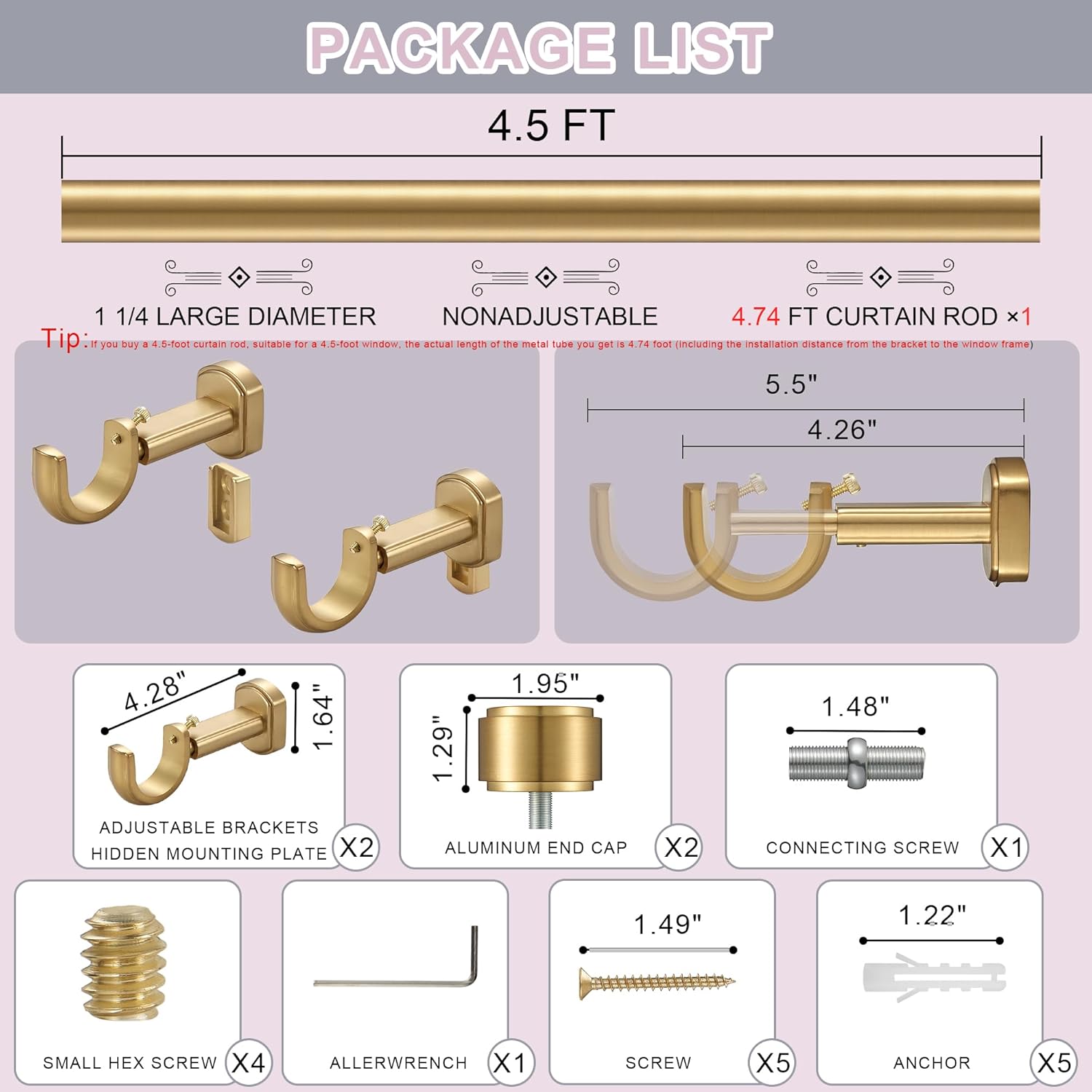 Heavy Duty Curtain Rods,1 1/4" Large Diameter Premium Nonadjustable Curtain Rod,54in/4.5ft Custom Window Treatment Rods with Durable Aluminum Brackets and End Caps,Gold Finish