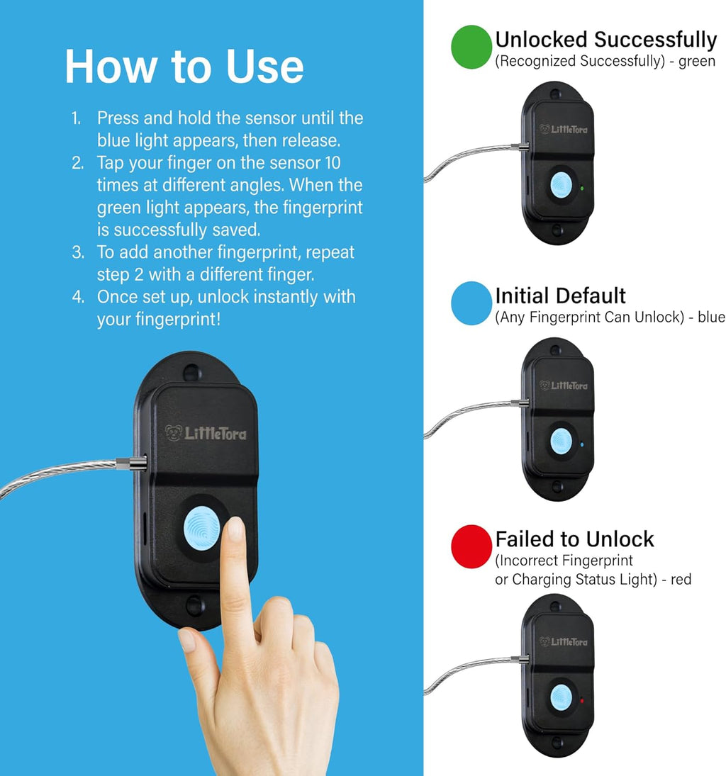 Fingerprint Fridge Lock - Childproof Security Locking for Refrigerator Freezer Cabinet Furniture Doors - 90 Degree Cable Window Locks Smart Biometric Access with Adhesive Drill Installation