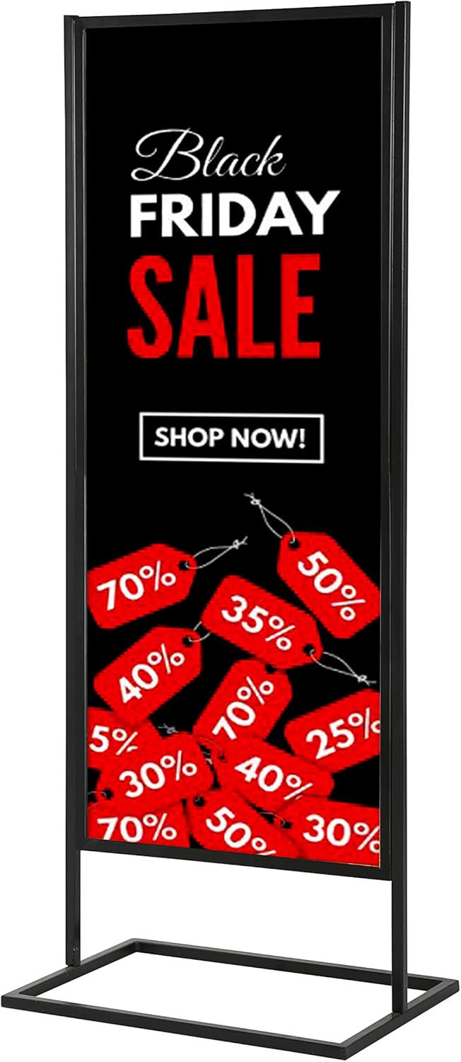 M&T Displays Metal Eco Info Board Black 18x60 Inches Slide-in Poster Sign Holder 1 Tier Double Sided Floor Standing Advertising Display with Backing and Anti-Glare PET Cover