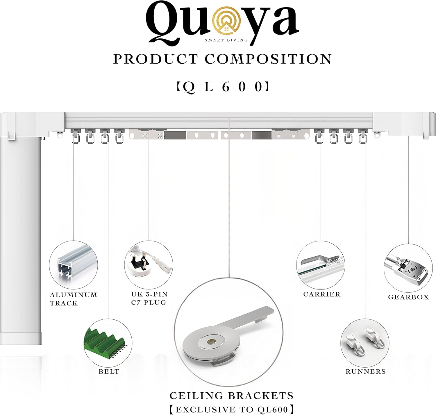 QUOYA QL600 Smart Electric Curtain Track, Motorized motor, Adjustable track length, compatible with Alexa, google, Siri, Apple Watch