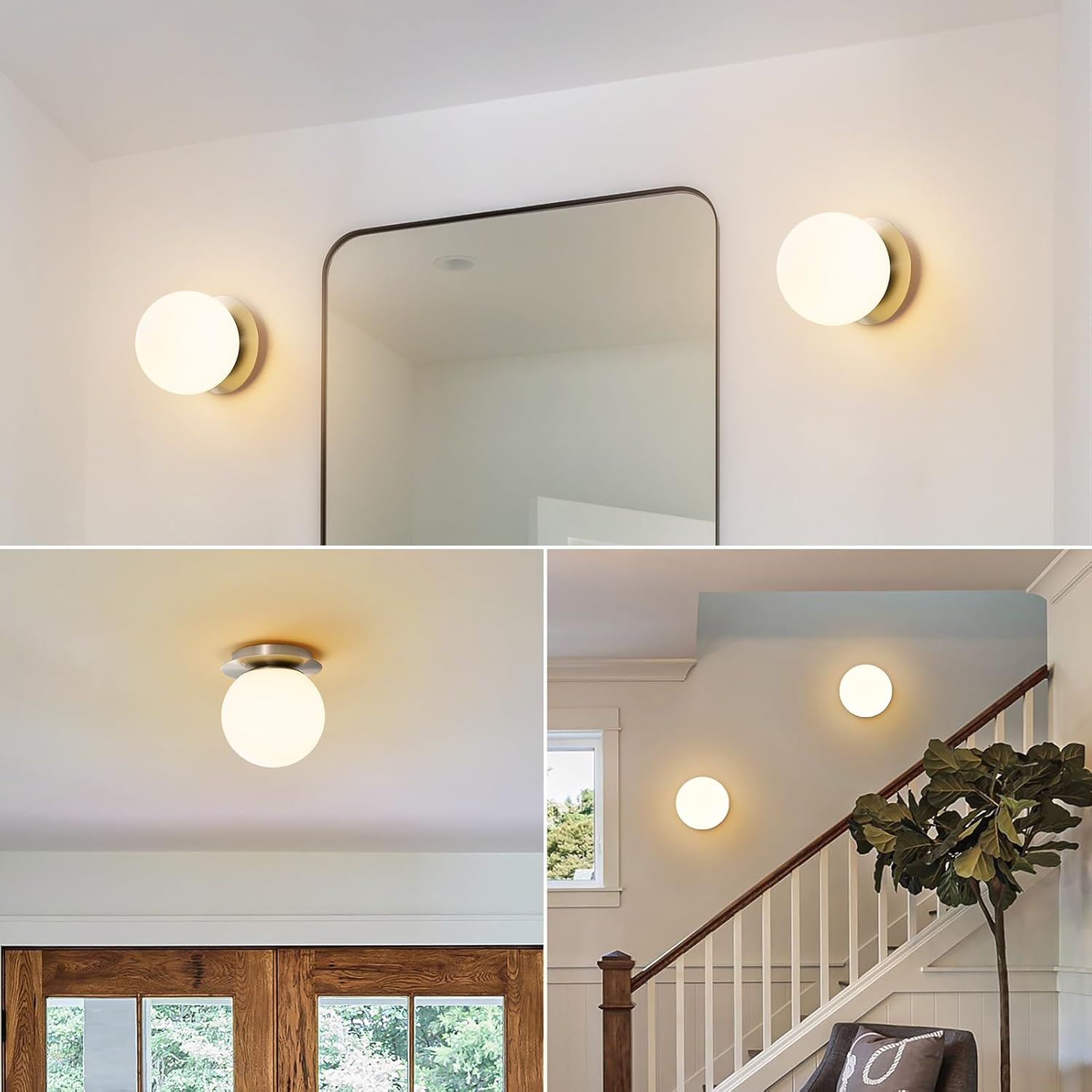Modern Glass Globe Wall Sconce: Brushed Nickel Single Light with Milk Glass Shade - Minimalist Spherical Vanity Sconces over Mirror - Contemporary Ball Wall Lights Fixtures for Entryway Bulb Excluded
