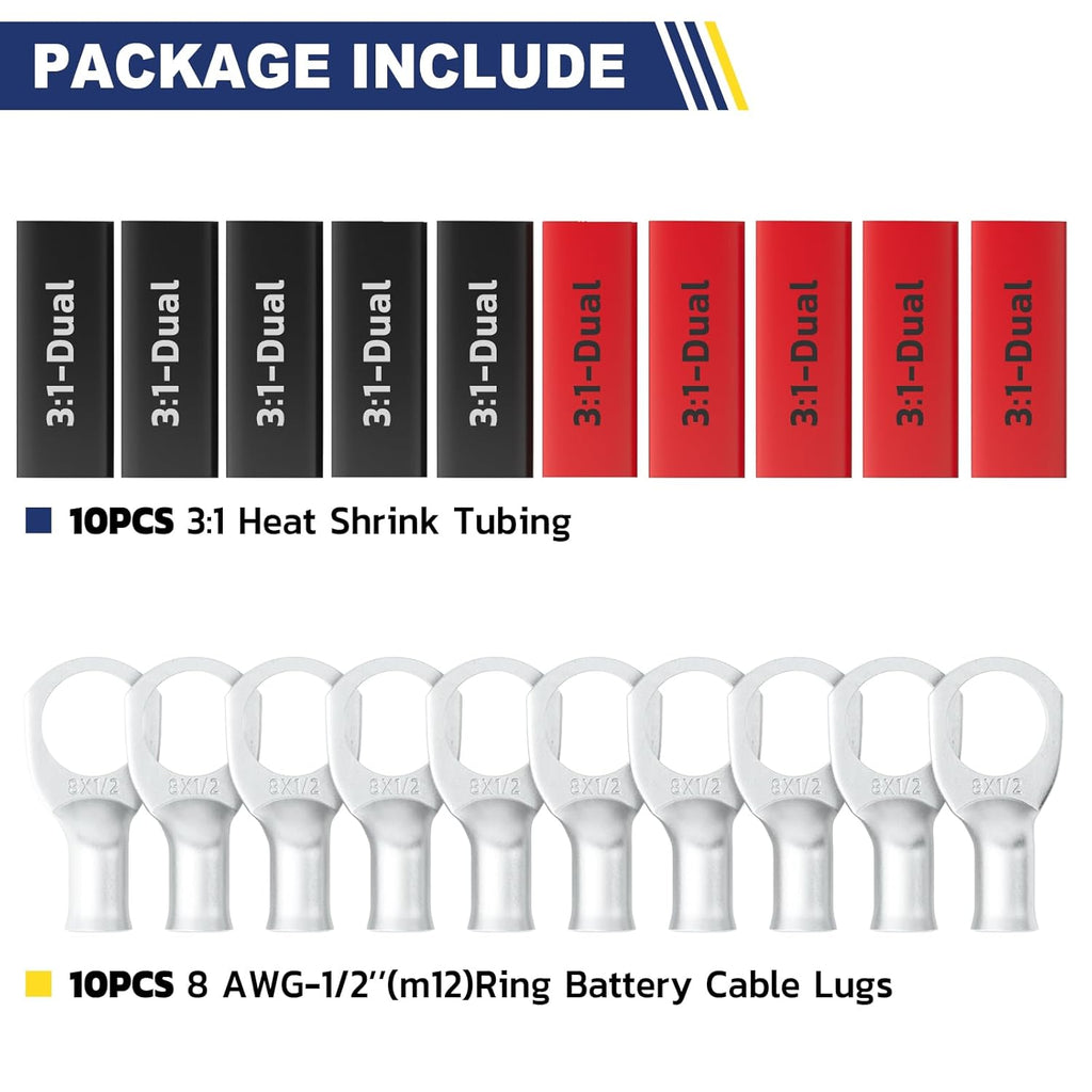 haisstronica 10pcs 8 AWG - 1/2" (M12) Tinned Copper Battery Lugs, Heavy Duty Copper Wire Lugs with 10pcs 3:1 Adhesive Heat Shrink Tubing, 8 Gauge Wire Lugs, Tinned Copper Battery Cable Ends