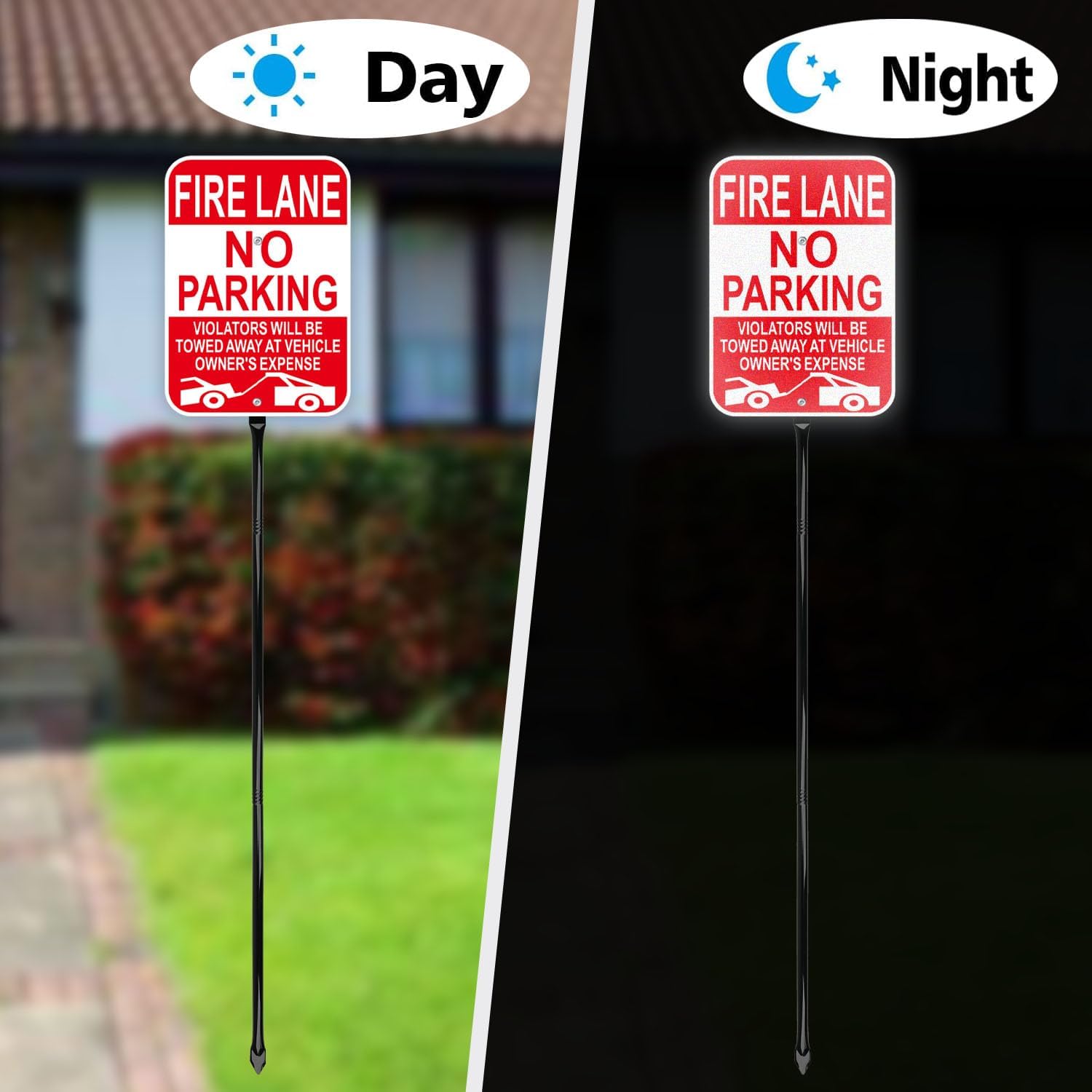 Fire Lane No Parking Sign with 54 Inch Metal Stakes, Red, Aluminum, 10x14 Inches, Reflective, Weather-Resistant, 2 Pack