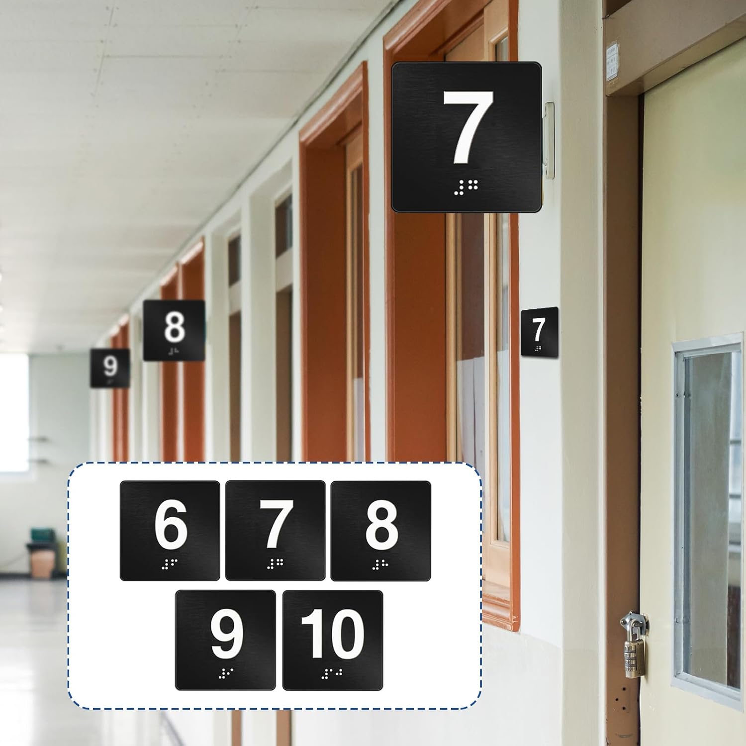 Exam Room Sign with Braille and Tactile 4" x 4" Identification Signs Numbers for Exam Rooms Offices Educational Institution Directional Assistance Test Center (Black/white,Numbers 6-10)