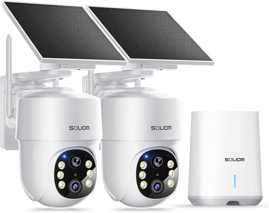 SOLIOM- 5MP Security Cameras Wireless Outdoor, No Subscription,2-Cam Pack, Solar Powered Home Security Camera with 360° Auto Tracking, Pan & Tilt, 3K Color Night Vision,5G & 2.4G Router Compatible