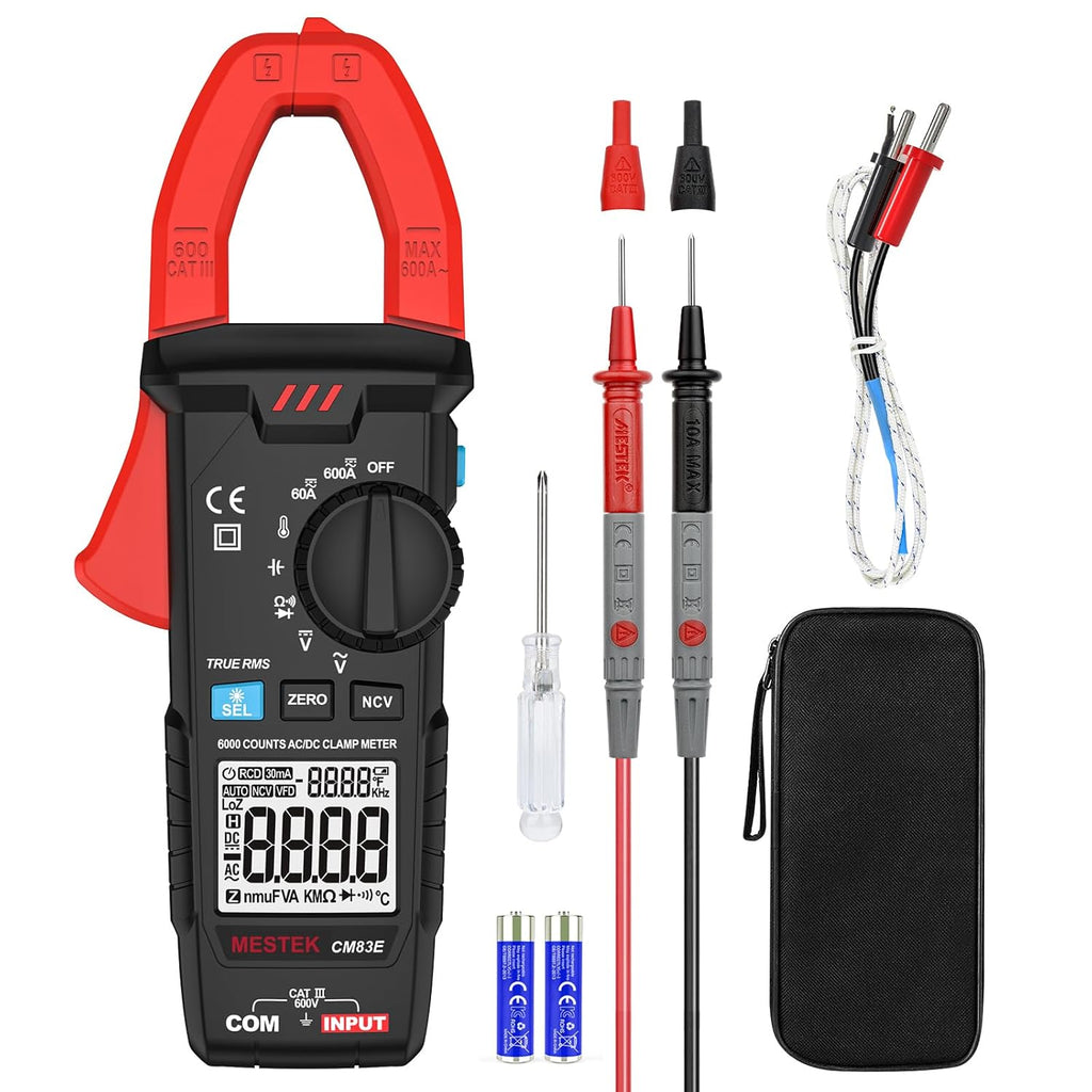 MESTEK Digital Clamp Meter Multimeter, TRMS 6000 Counts Auto-ranging Amp Voltage Tester, Measures AC/DC Current, Voltage, Temperature, Capacitance, Resistance, Continuity, Diode & NCV