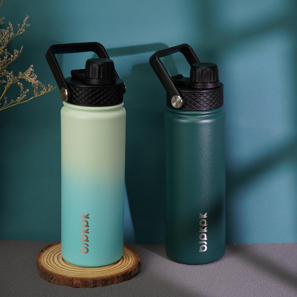 BJPKPK 2 Pack Insulated Water Bottles with Straw Lids, 18oz Stainless Steel Metal Water Bottle with 6 Lids, Leak Proof BPA Free Jugs, Cups, Flasks for Travel, Sports (Army Green+Mint)