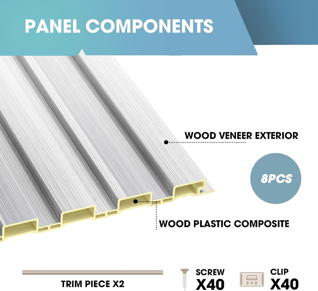 OUZUGIE WPC Acoustic Slat Wall Paneling, 8-Pack 114 x 6 Inches 3D Wall Panels for Interior Wall Decor,Living Room,TV Background,Study Room,Office Spaces,Bedroom,Low Grille (Metallic Silver)