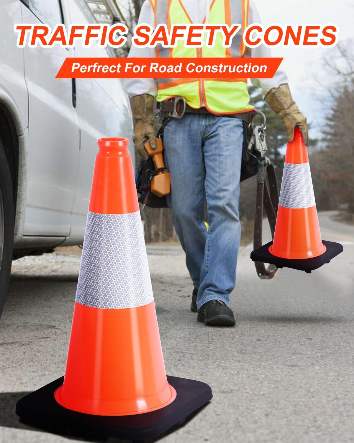 (4 Pack) BESEA 18" inch Traffic Cones Orange Safety Cones with 6 inch Reflective Collar for Home Driveway Road Parking Use(4 Cones)