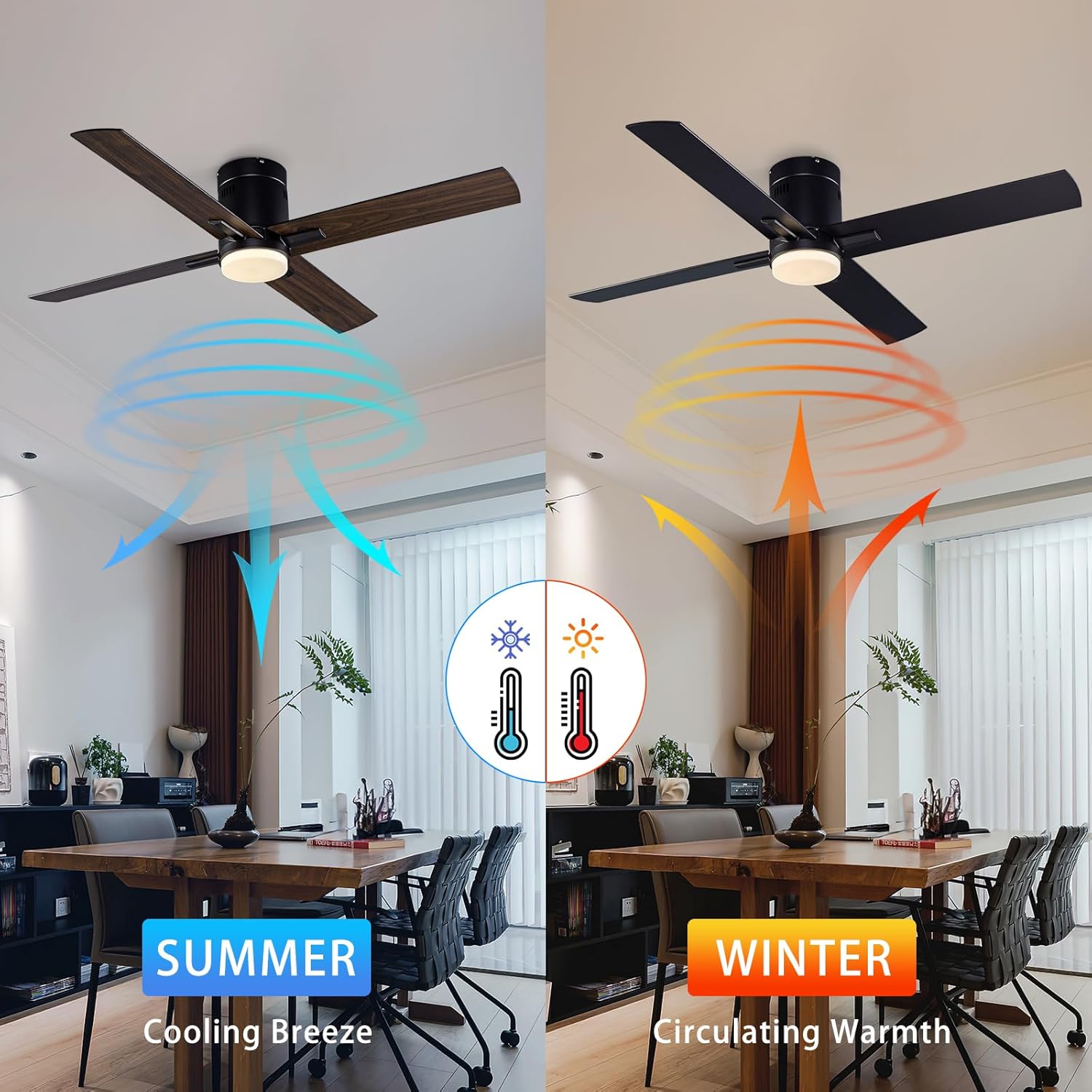 52 Inch Flush Mount Low Profile Ceiling Fan with Light and Remote Control, Reversible 4 Dual Finish Wood Blades, Indoor/Outdoor Ceiling Fan for Patio, Living Room, Bedroom