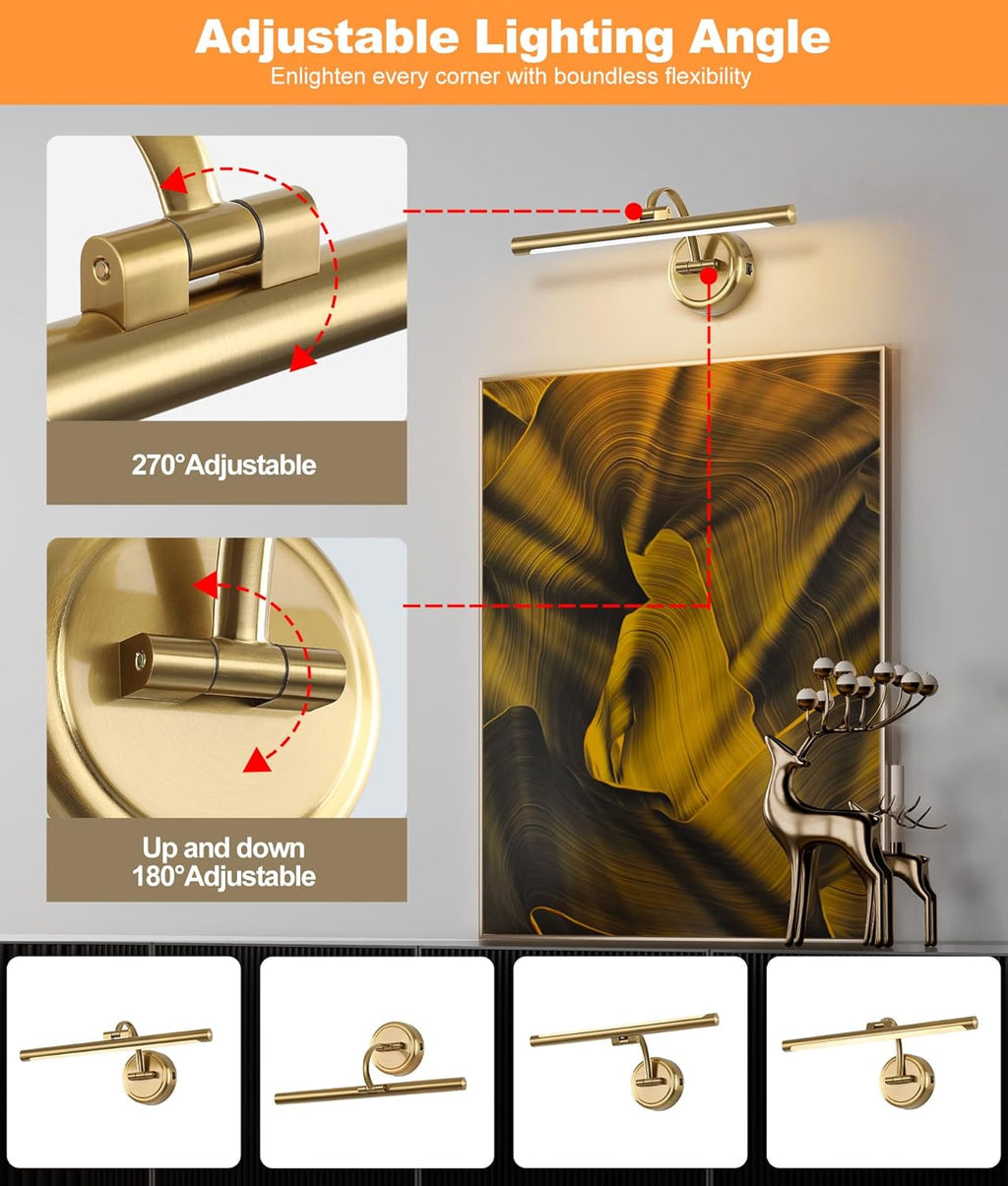 Picture Light for Wall,Battery Operated Art Lights for Painting,3 Color Selections and Brightness, Adjustable Wireless Portrait Lights with Remote for Artwork,Bookcase,Photo Frames(Brass, 15.7inch)