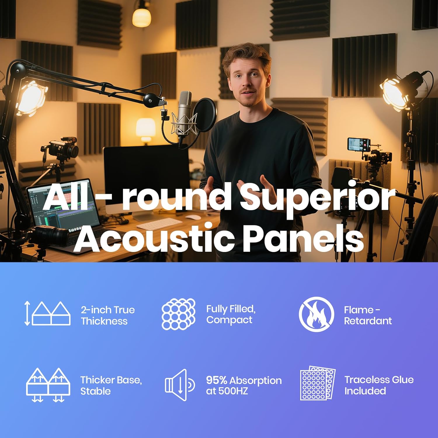 Focusound Acoustic Panels 24 Pack 2"x12"x12" with 120 PCS Double-Side Adhesive - Sound Proof Pyramid Foam for Walls, Home Studio Noise Absorption & Echo Control Kit