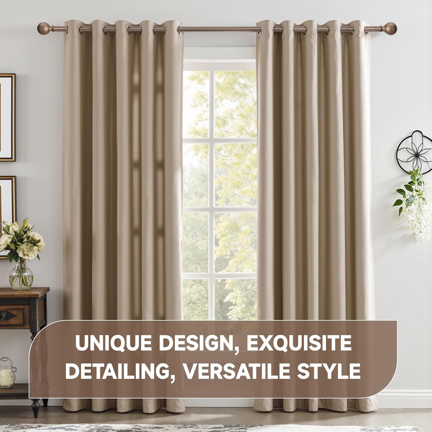 BRIOFOX Walnut Wood Curtain Rods for Windows 72 to 144 Inch(6-12ft) - 1'' Diameter Heavy Duty Curtain Rods with Imitation Wood Grain Pattern Finials,Adjustable Decorative Curtain Rods Set,28-144''