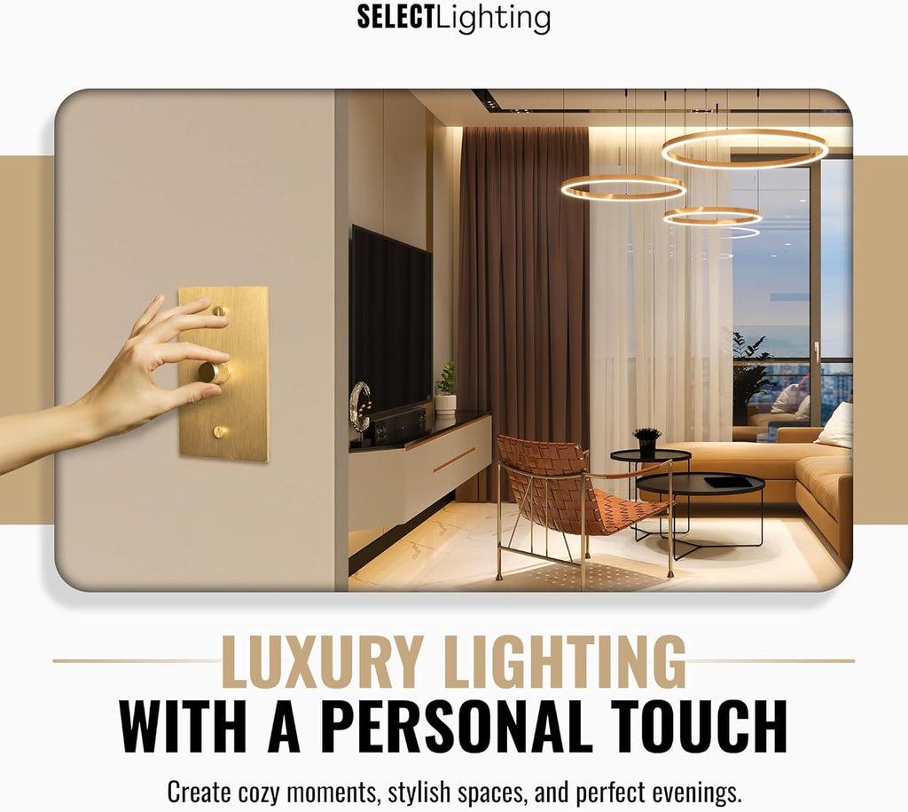 1-Gang Satin Solid Brass Rotary Dimmer Switch, 15A 120V AC Wall Mount, TRIAC/Leading Edge 1-Way Compatible, Dimmable LED Light Control with Knob, Faceplate & Dimming Module