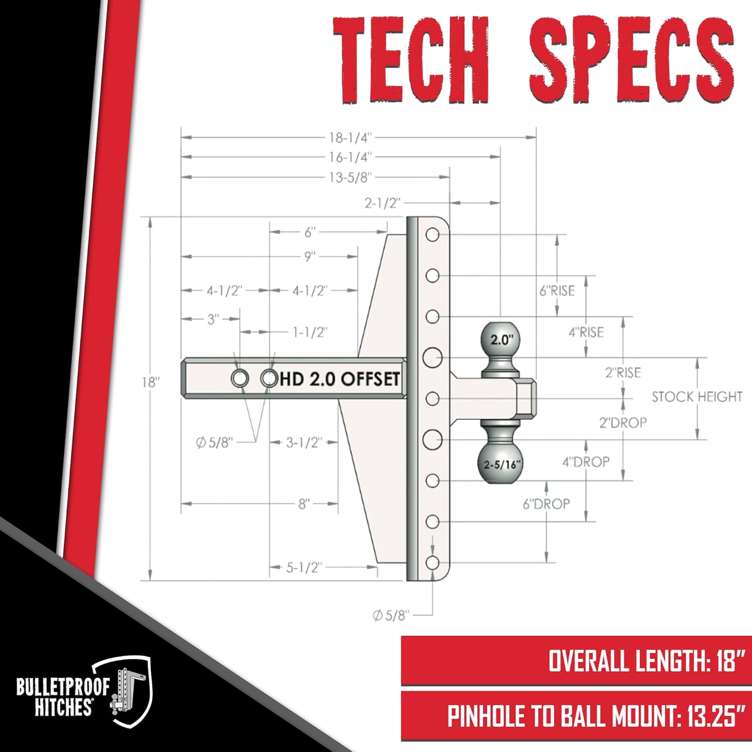 BulletProof Hitches - 2.0" Adjustable Heavy Duty Trailer Hitch (22,000 lb. Rating) - Offset 4" and 6" Drop/Rise Trailer Hitch with 2" & 2-5/16" Dual Ball Powder Coat, Solid Steel, Corrosion-Resistant