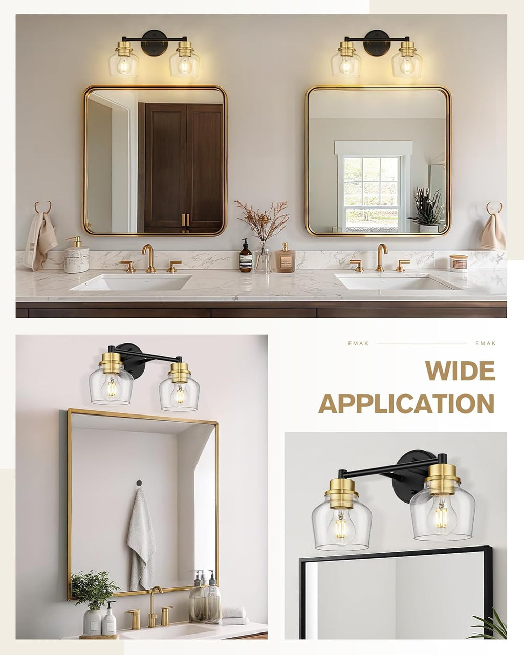 Emak Farmhouse 2-Light Bathroom Light Fixtures, Modern Black and Gold Vanity Lights with Clear Glass Shade for Bathroom, Mirror, VL122-BKBGD-CG-2