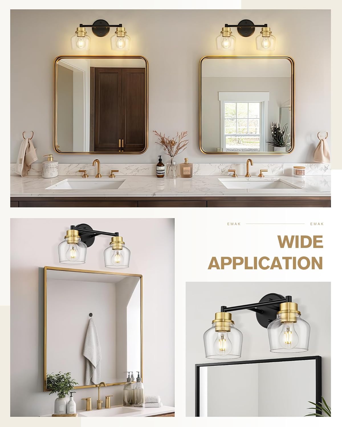 Emak Farmhouse 2-Light Bathroom Light Fixtures, Modern Black and Gold Vanity Lights with Clear Glass Shade for Bathroom, Mirror, VL122-BKBGD-CG-2