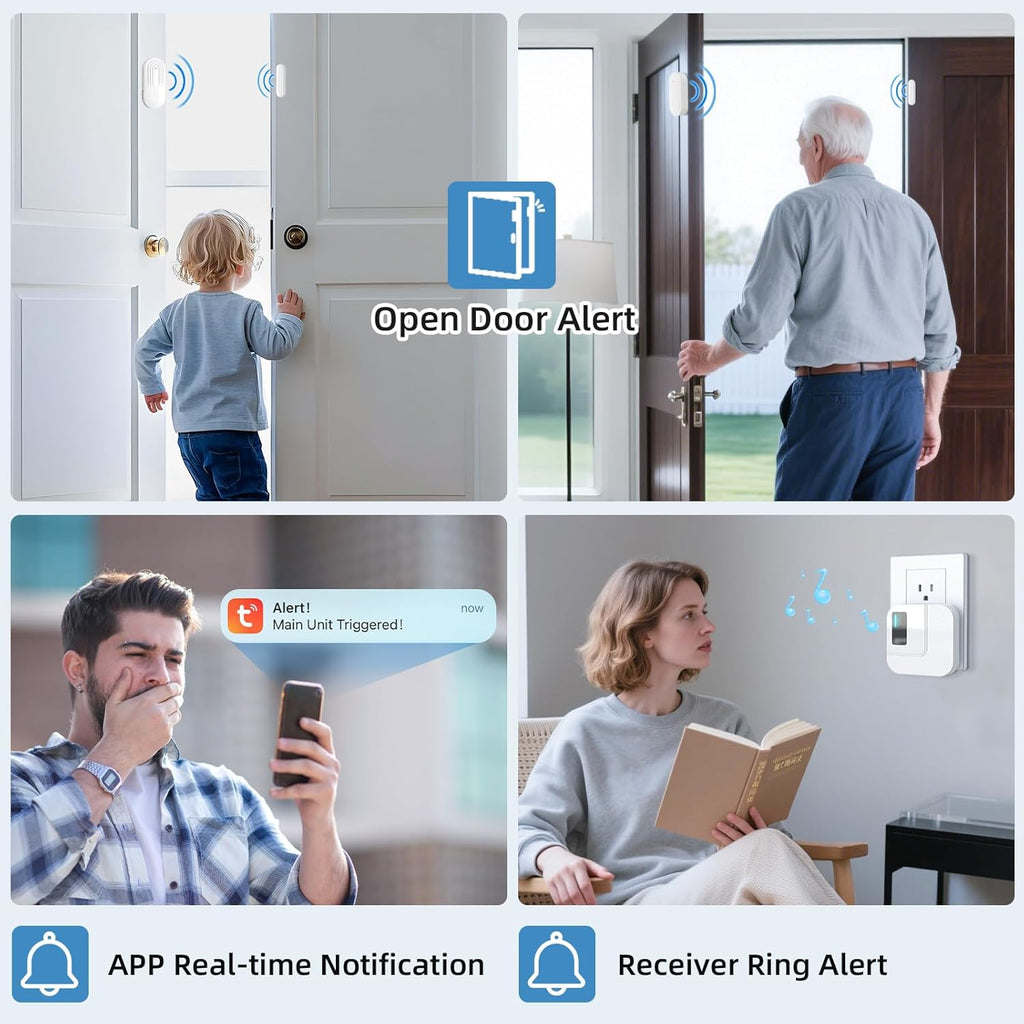 Door Chime,Sanjie WiFi Door Sensor Open Chime When Entering for Business/Home/Store/Office Alert Your Phone,Alarms for Kids Safety,500 FT Range,20 Ringtones,4 Sensors 1 Receiver