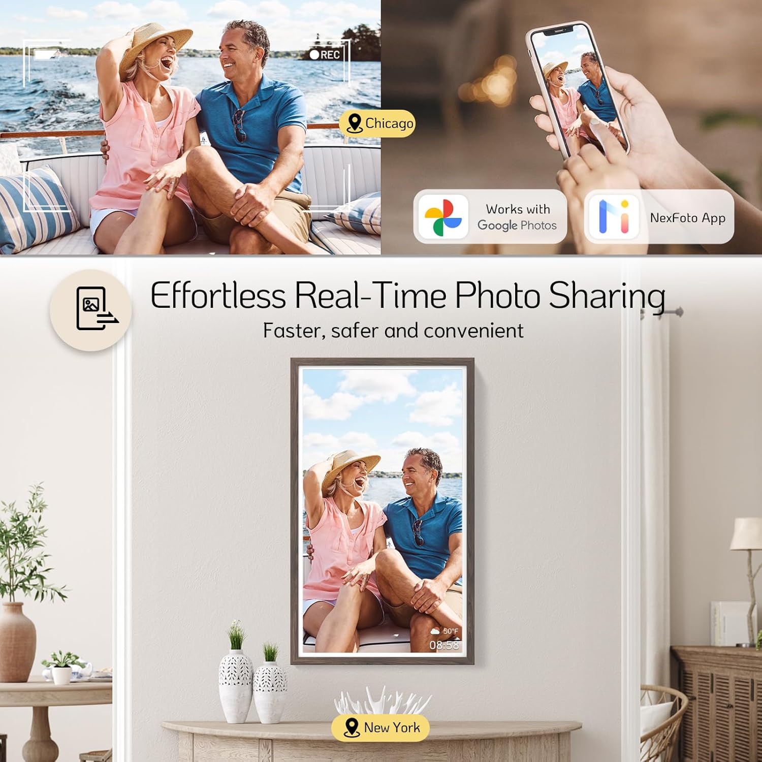 NexFoto Large Digital Picture Frame 32 Inch Touchscreen, 64GB WiFi Electronic Photo Frame FHD 1920 * 1080, Add Photos from Google Photos, Share Videos, Gifts for Christmas/Mom/Grandparents, Dark Wood