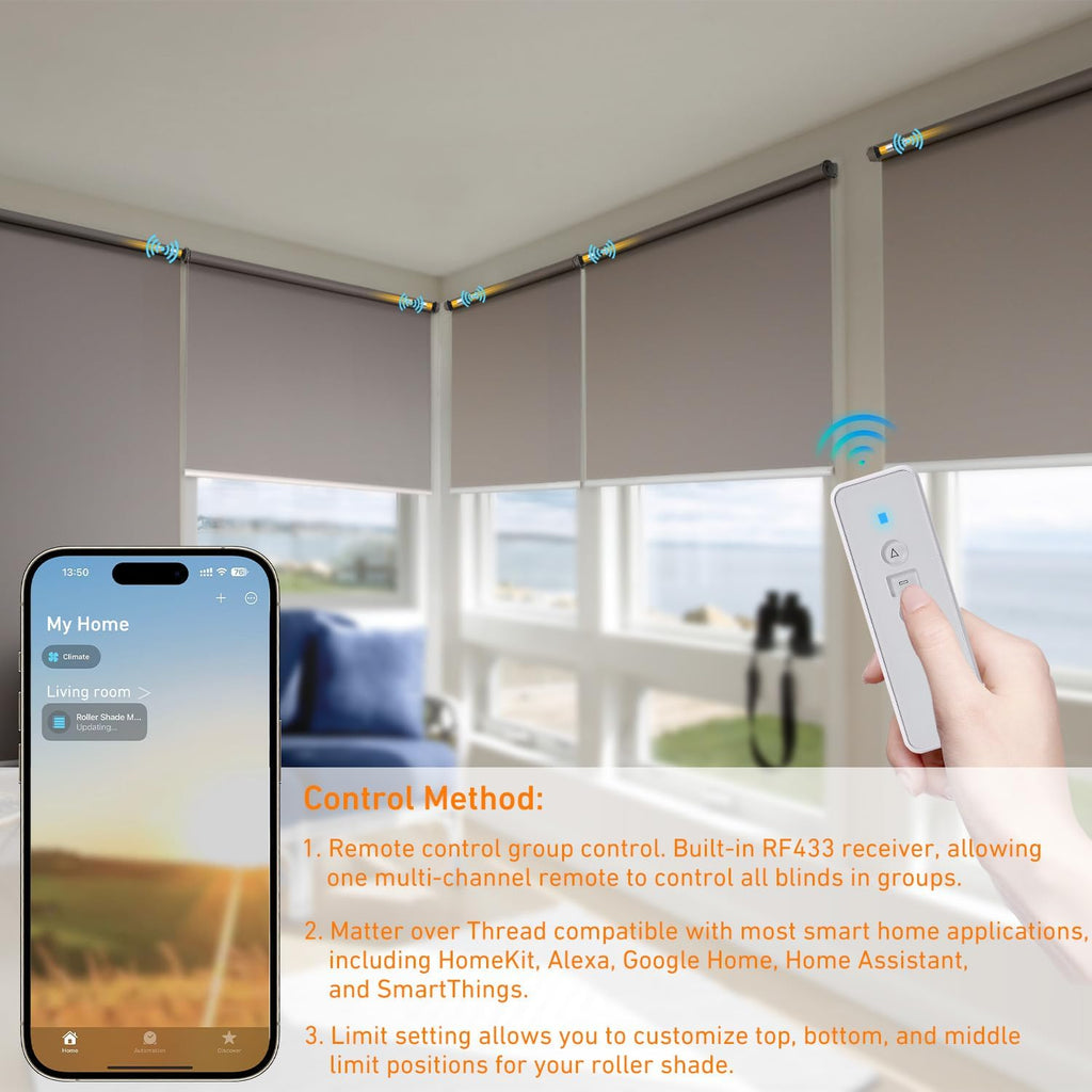 Matter Smart Blinds Motor Kit for 1.5" Shade Tube, Type C Rechargeable Roller Shade Motor, Work with Thread Low Power Consumption, Home Assistant, Alexa, HomeKit Motorized Blinds