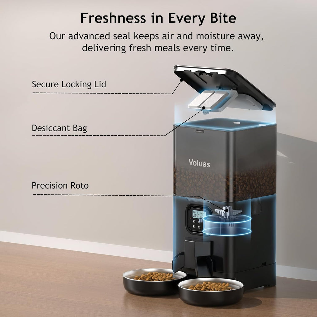 Voluas Automatic Cat Feeder for Two Cats, Double Pet Feeder with 2 Stainless Steel Bowls,6L Timed Cat Feeders with Memory Function