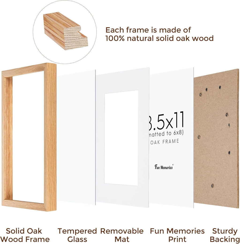 8.5x11 Picture Frame, Oak Wood Frame 8.5 x 11, 8.5 by 11 Wood Frames with Glass, 8.5x11 Matted frame for 6x8, Real Wood 8.5"x11" Photo Frame with Stand, Natural Oak Color, 1 Pack