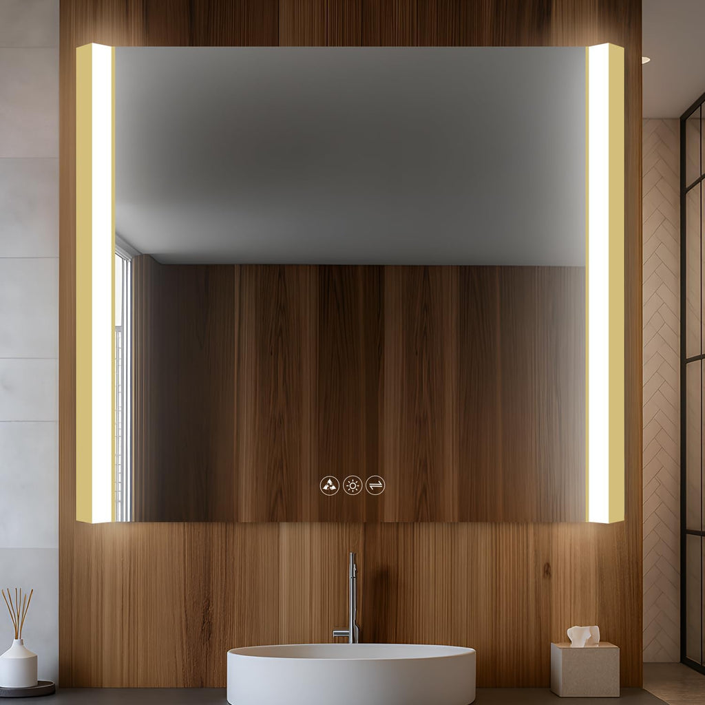 Blossom LED Bathroom Mirror, 36x32 Inch Gradient Front and Backlit LED Mirror for Bathroom, Brushed Gold Frame, Foldable Wing Design, 3 Colors Dimmable CRI>90 Double Lights, IP54 Enhanced, Anti-Fog
