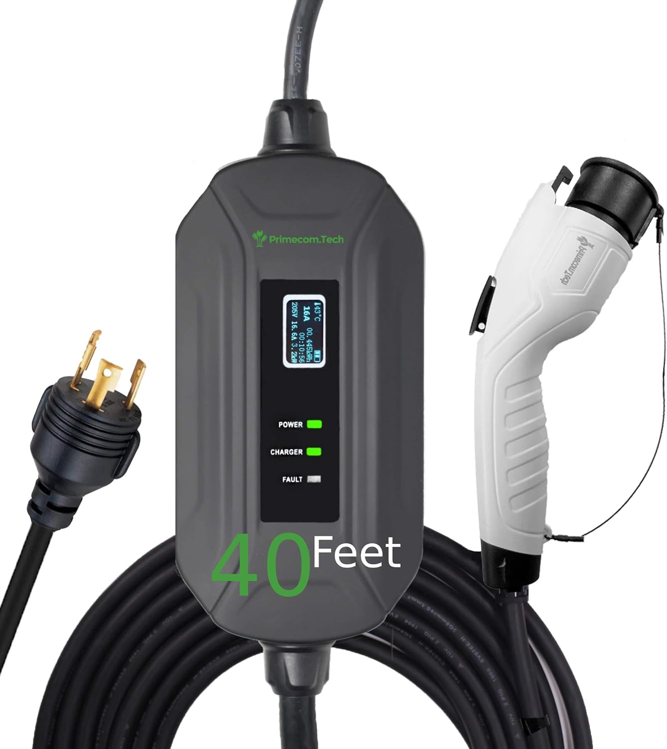 PRIMECOM Level 2 Electric Vehicle (EV) Charger (220V / 240Volt, 16Amp) Portable EVSE Smart Electric Car Charger, 30', 40', and 50 Feet Lengths (NEMA L6-30P, 40 Feet)