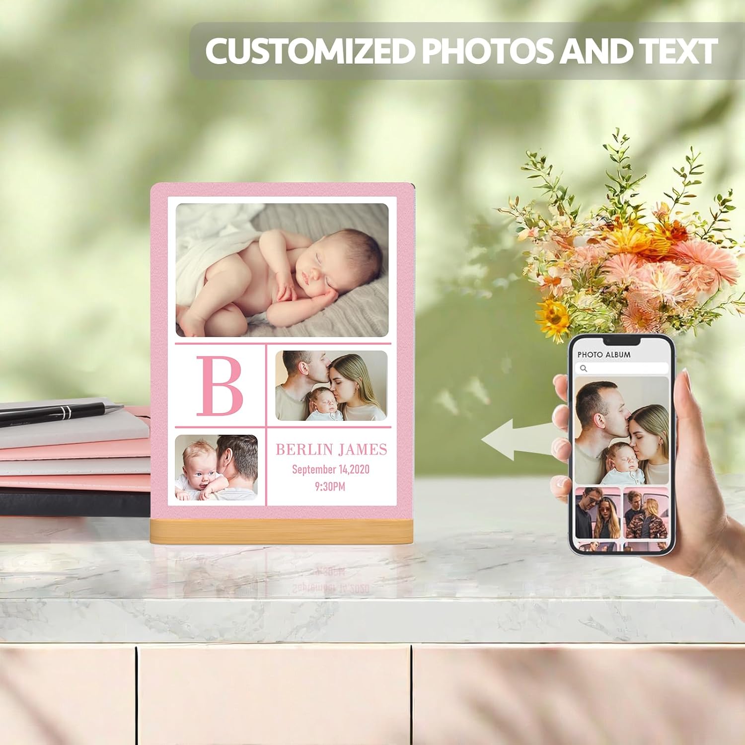 Custom Photo Prints - Metal Desktop Picture Frame with Baby's Photos & Name & Wooden Base Personalized Newborn Memorial Gifts for Family Friends and Lovers, Optional Multiple Sizes