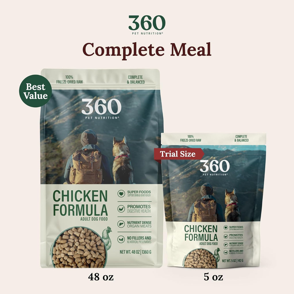 360 Pet Nutrition Freeze-Dried Raw Dog Food – Chicken Recipe with Liver & Organs, High Protein, Omega-3s, Fruits, Veggies & Superfoods, Grain-Free, No Fillers, 5 oz – Made in USA