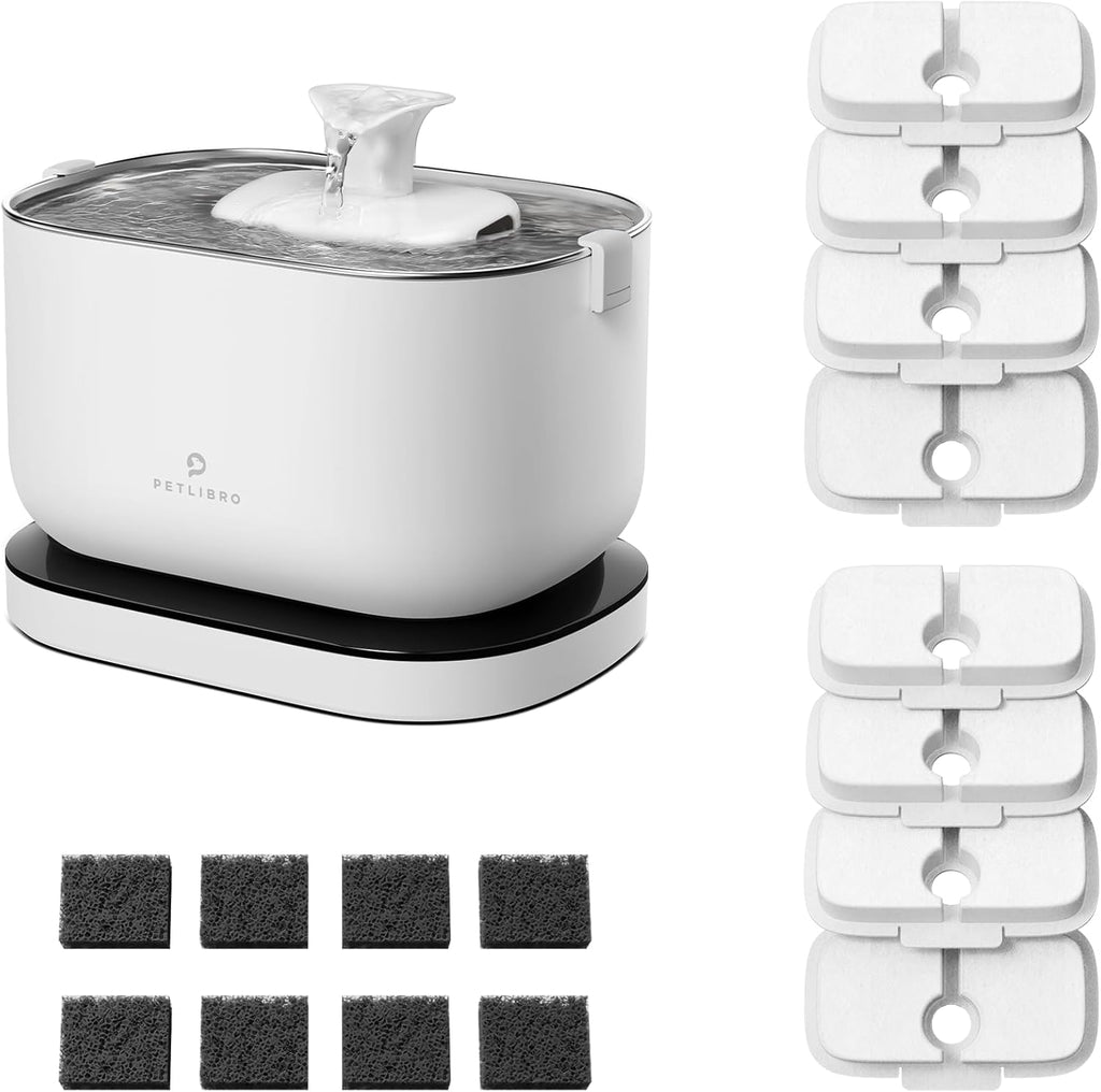 Cordless Pet Water Fountain Battery Operated + 8 Packs Replacement Filters for Dockstream Cat Water Fountain WF005 WF115 WF105, 4 Months Set of Replacement Filters