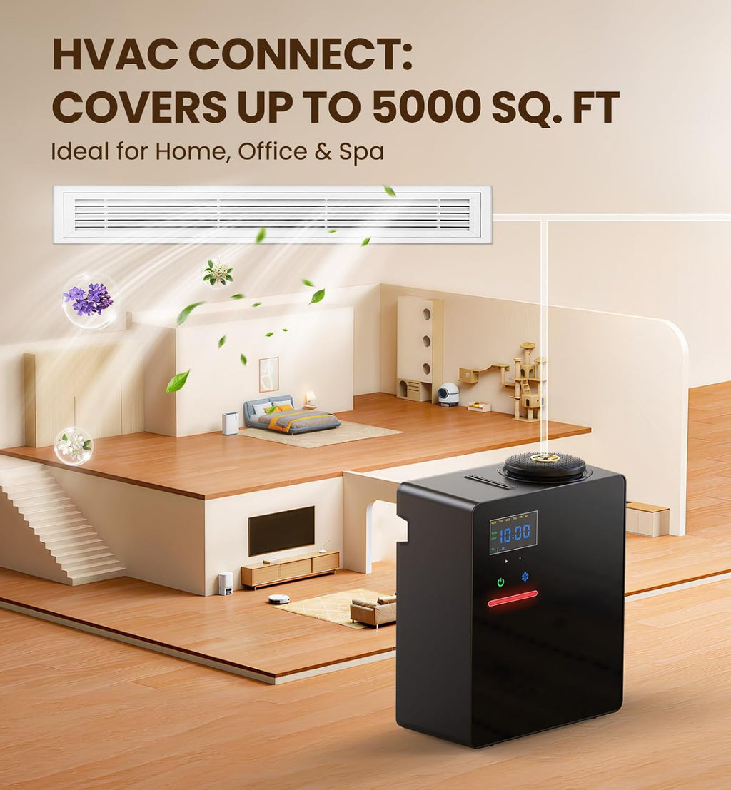 Waterless Essential Oil Diffuser 5000 Sq.Ft Coverage for Large Home, Hotel, or Office, 200ml Cold Air Scent Diffuser Machine with Bluetooth App Control, Quiet No-Heat HVAC Fragrance Diffuser