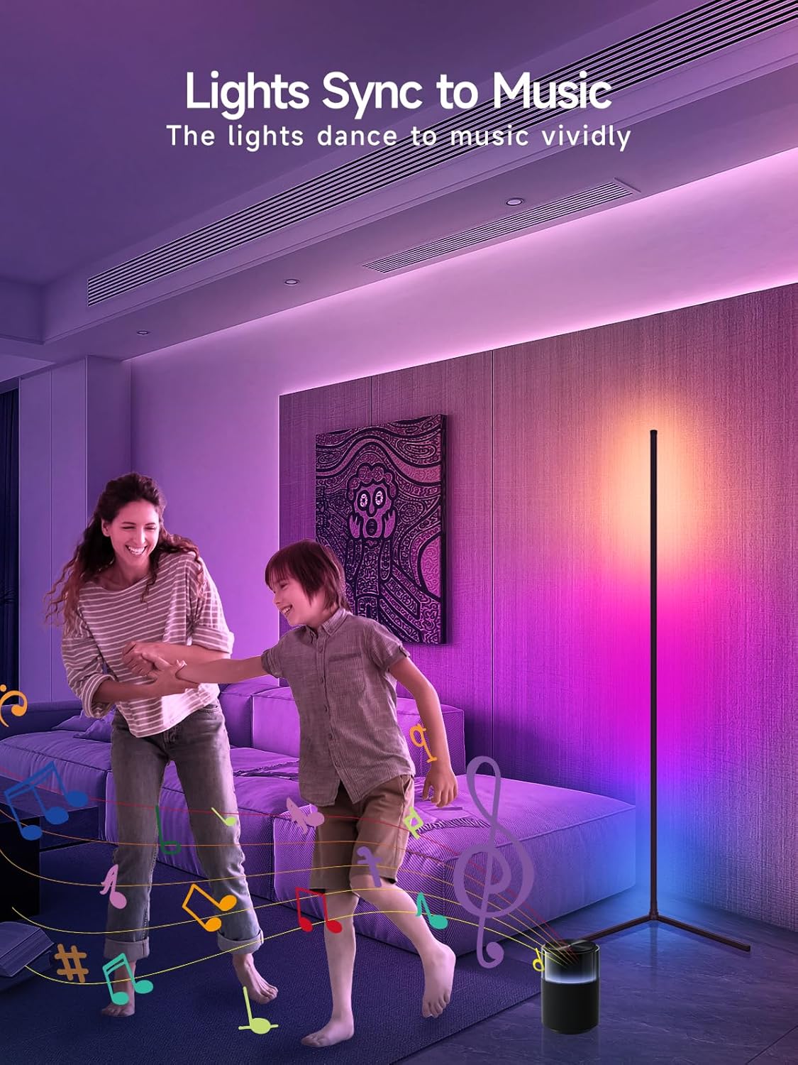 Corner Floor Lamp, RGB LED Corner Lamp with Music Sync, Smart App and Remote Control Color Changing Ambience Light, LED Lamp with 16 Million Colors for Bedroom, Living Room Gaming Room