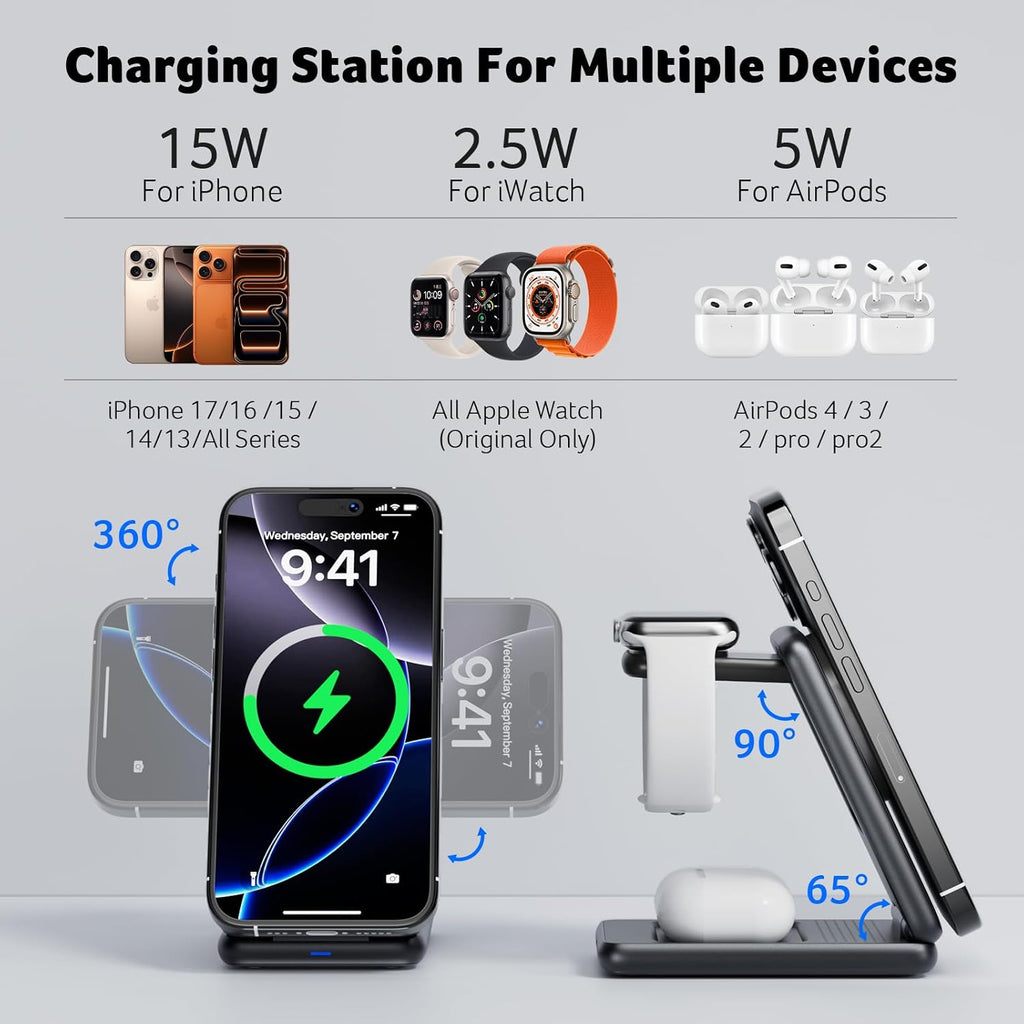Acer 3 in 1 Charging Station for iPhone, Wireless Charger Stand,15W Fast MagSafe Charger for iPhone 17 16 15 14 13 12 Series-Apple Watch 10 9 8 7 6 5 4 3 2 SE and Ultra Series-Airpods 4 3 2 Pro Series
