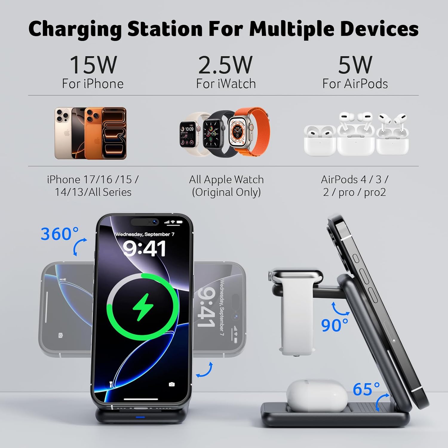 Acer 3 in 1 Charging Station for iPhone, Wireless Charger Stand,15W Fast MagSafe Charger for iPhone 17 16 15 14 13 12 Series-Apple Watch 10 9 8 7 6 5 4 3 2 SE and Ultra Series-Airpods 4 3 2 Pro Series
