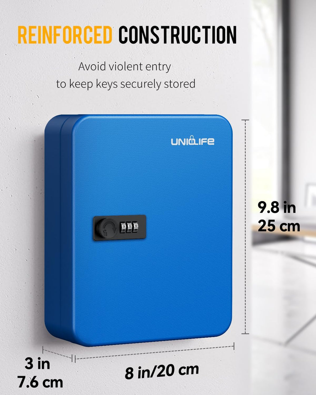 Uniclife 28 Keys Steel Key Cabinet with Resettable Code Blue Wall Mounted Key Organizer with Combination Lock Digital Security Box with Hooks and Large Key Tag Labels Identifiers in 5 Assorted Colors
