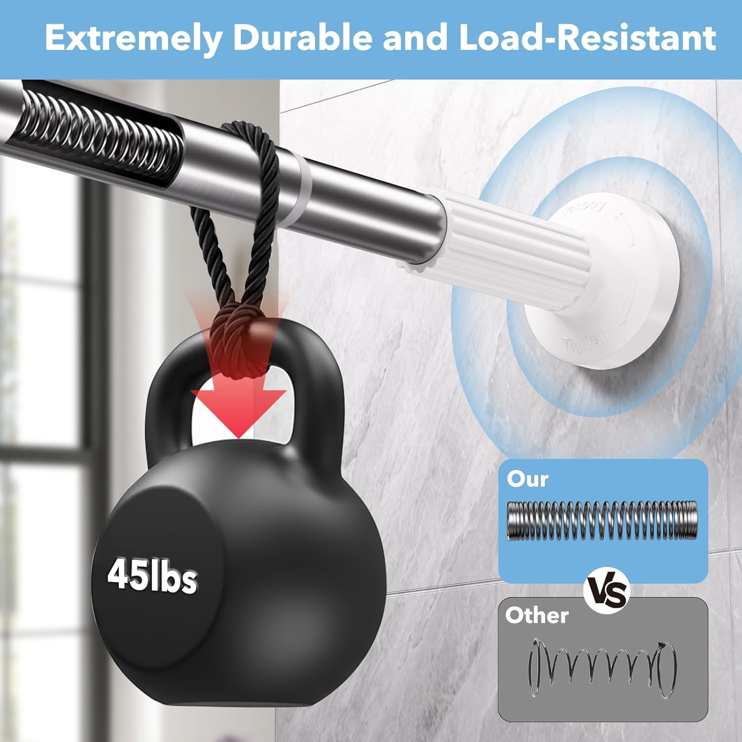 Tension Curtain Rod 51–128 In (4.25–10.67 ft),Extra Long Outdoor Curtain Rod for Window or Bathroom Patio,Easy to Install No Drilling Never Rust,Heavy Duty Adjustable Spring Shower Rod