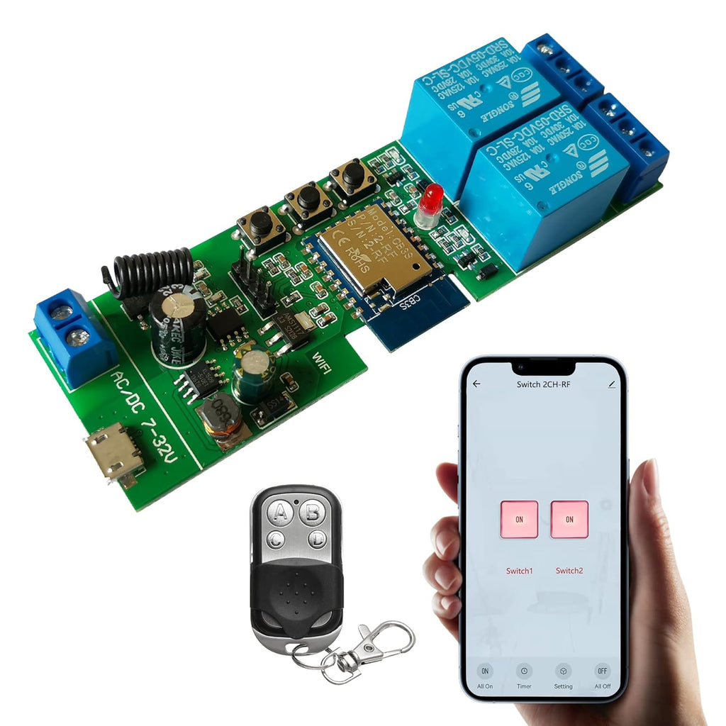 Jane Eyre WiFi Wireless Relay Module 2 Channel Remote Switch Momentary/Self-Locking Relay for Tuya/Smart Life APP with 433MHz RF Remote Control Compatible with Alexa and Google Assistant