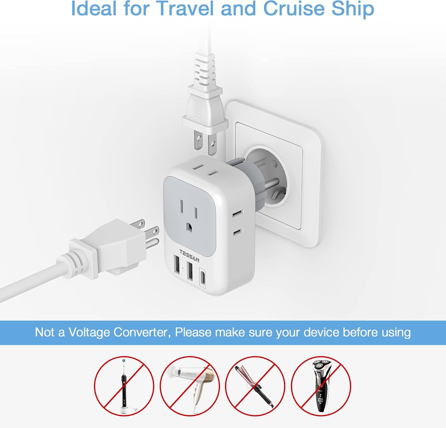 TESSAN 2 Pack Type E F Plug Adapter USB C, Germany France Power Adaptor with 3 USB Charger Ports, 4 AC Outlets Travel Plug for US to Europe EU Spain Iceland Korea Greece Russia German French