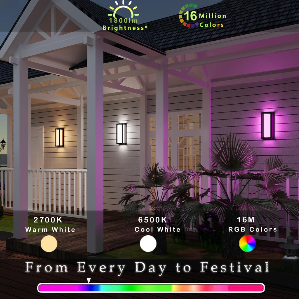 Color Changing Outdoor Wall Lights, Ambiance Exterior Wall Lights Up Down Lights Outdoor, Waterproof Square Porch Lights 2.4GHz WiFi APP Control Outdoor Light Fixture for Home Theater