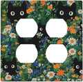Boho Funny Black Cute Cats Daisy Wildflower Outlet Covers 2 Gang Double Duplex Decorative Light Switch Covers Electrical Wallplates Socket Faceplate For Kids Room Bed Room Decor
